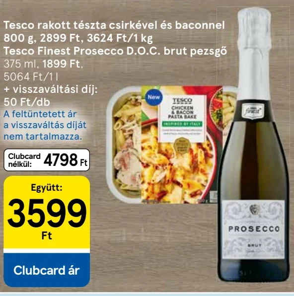 Tesco rakott tészta csirkével és baconnel és Tesco Finest Prosecco menüajánlat